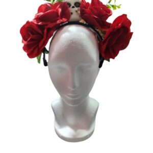 Diadema de catrina con rosas rojas y calavera